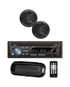 Pyle PLCDBT75MRB Marine Single-DIN In-Dash CD AM/FM Bluetooth Receiver with Two 6.5" Speakers, Splashproof Radio Cover (Black)