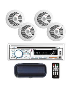 Pyle PLCDBT85MRW Marine Single-DIN In-Dash CD AM/FM Bluetooth Receiver with Four 6.5" Speakers, Splashproof Radio Cover (White)