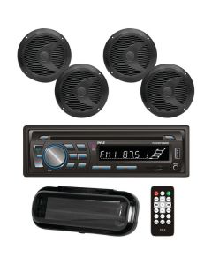 Pyle PLCDBT95MRB Marine Single-DIN In-Dash CD AM/FM Bluetooth Receiver with Four 6.5" Speakers, Splashproof Radio Cover (Black)
